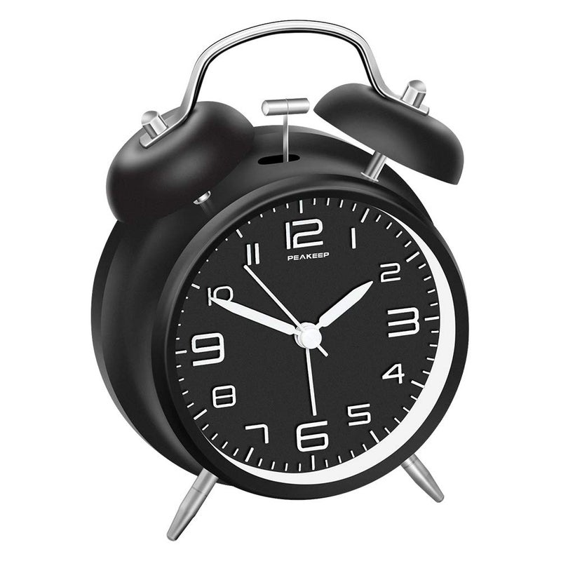 Peakeep 4 Inches Twin Bell Loud Alarm Clock for Heavy Sleepers  Backlight  Battery Operated Old Fashioned Alarm Clock for Bedrooms (Black) - Image 1